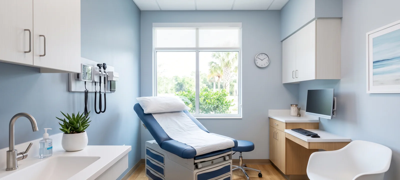 A calm, modern exam room at Still Waters Family Healthcare